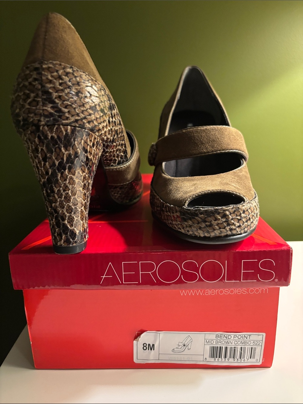 NEW - AEROSOLES Brown Suede Mary Jane Heels with Snake-Print Platform